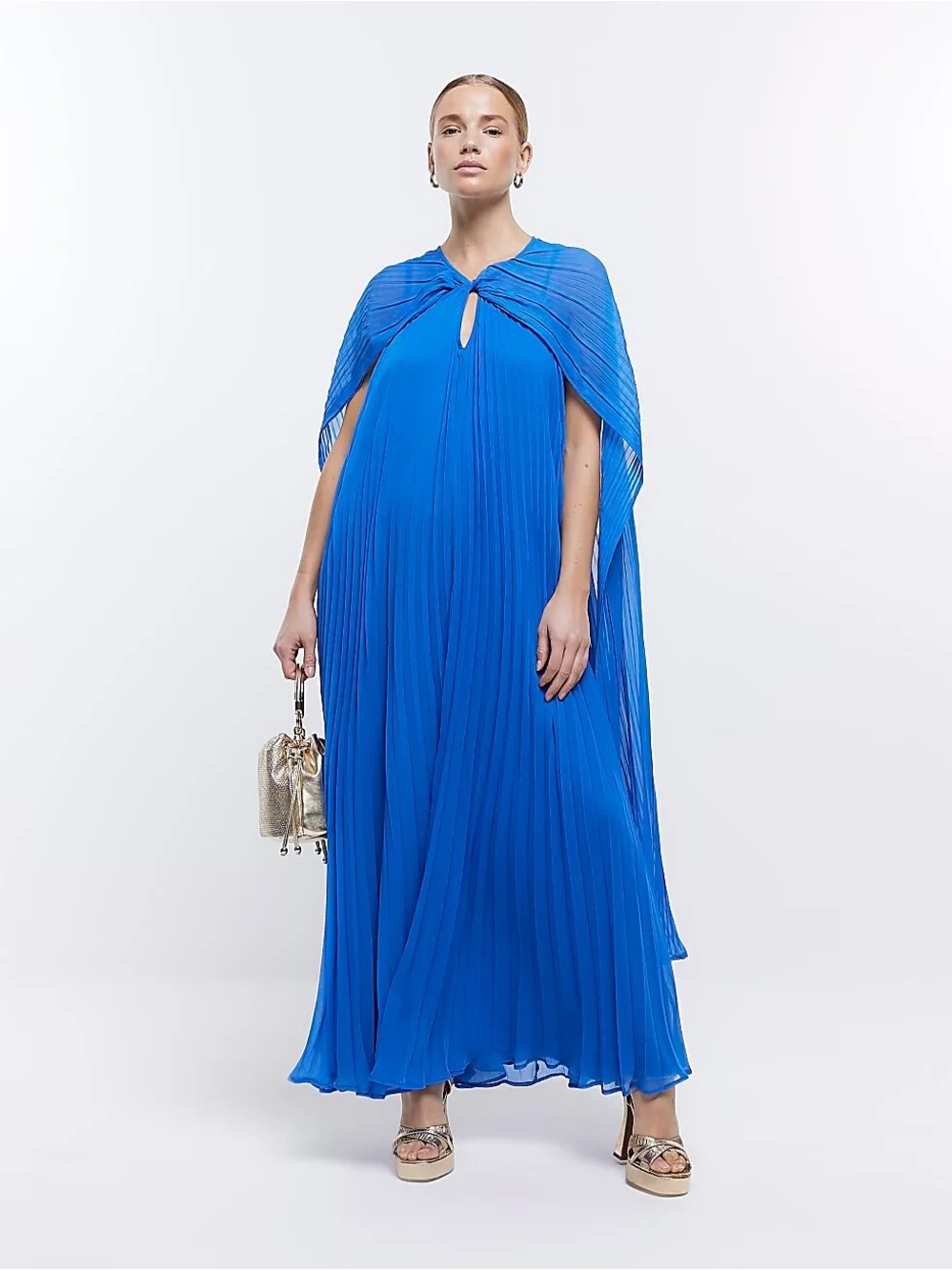 River Island Royal Blue Pleated Cape Maxi Dress